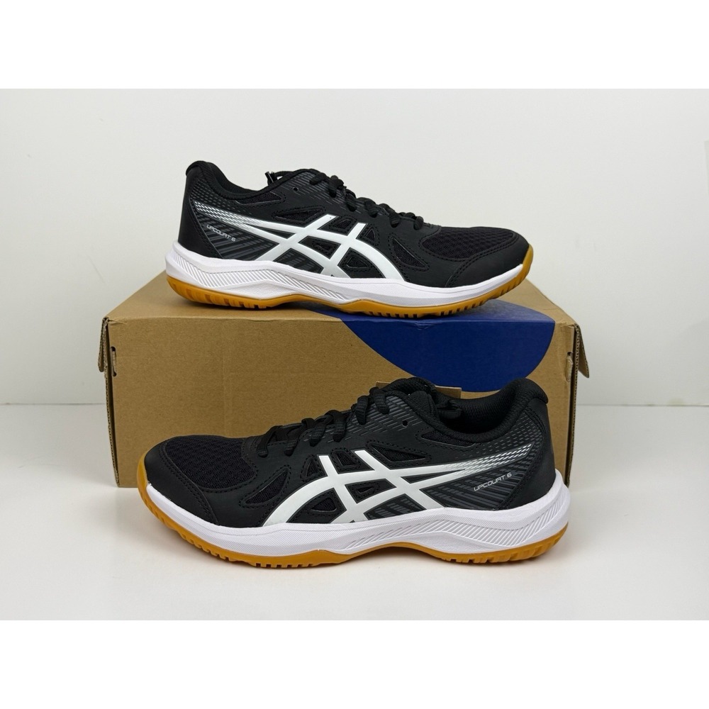Asics Upcourt 6 Volleyball Shoes Women Sz 6.5 Black/White/Gum Brown 1072A107-001